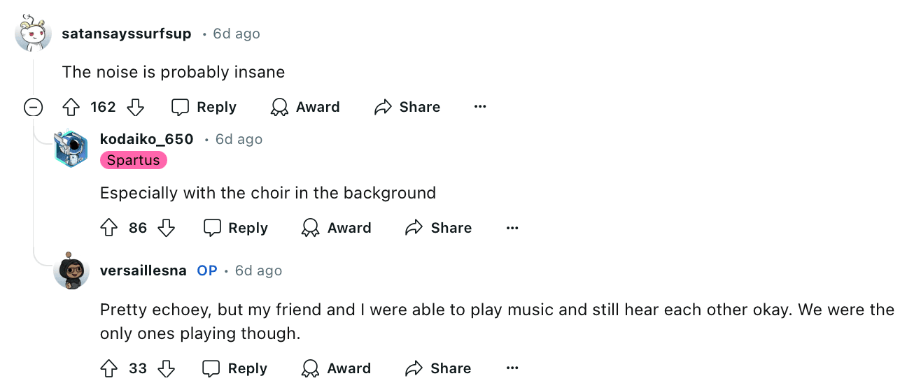 "Pretty echoey, but my friend and I were able to play music and still hear each other okay. We were the only ones playing though."